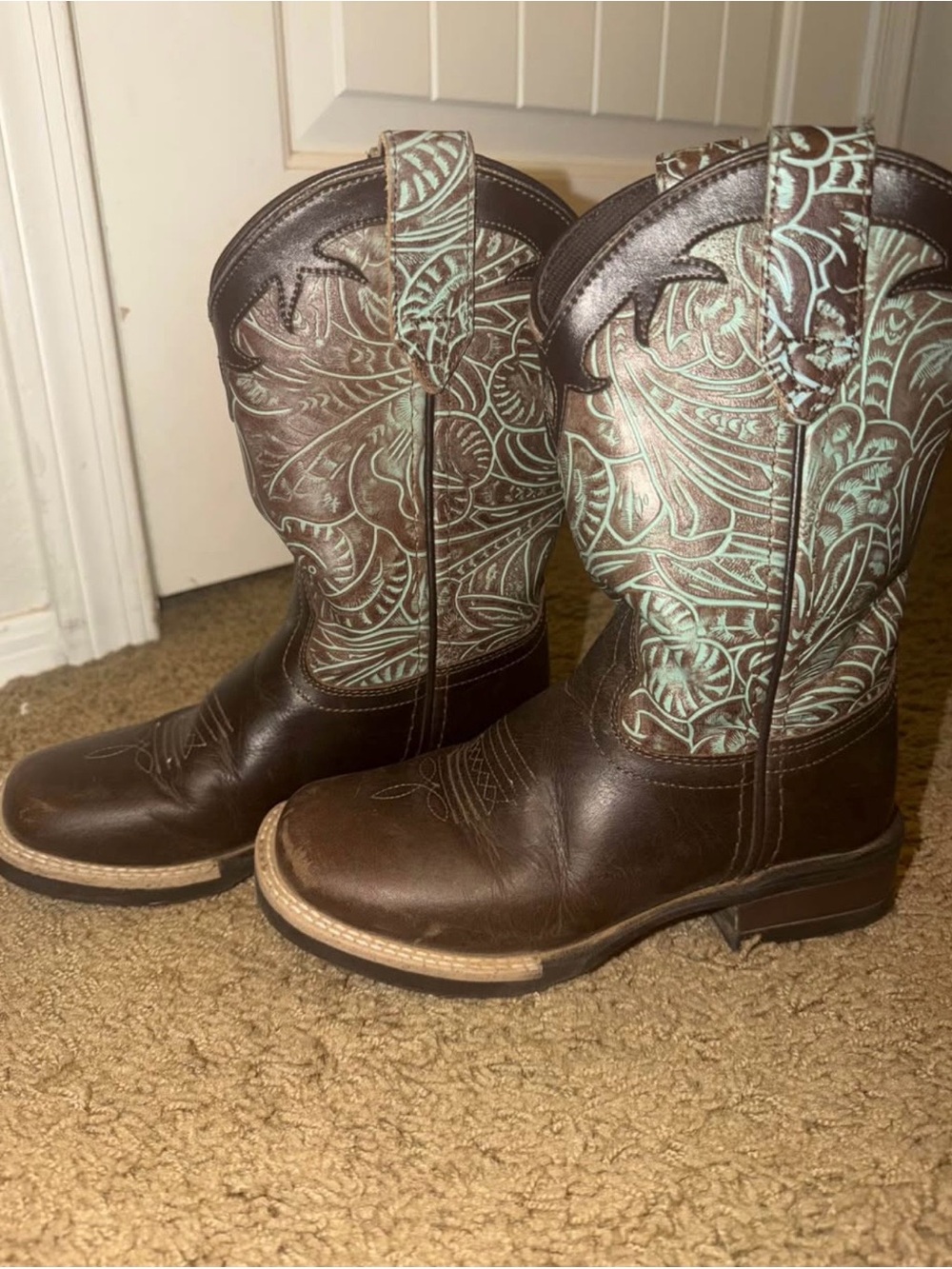Roper Brown Boots with Mint Embroidered Shaft - Kids